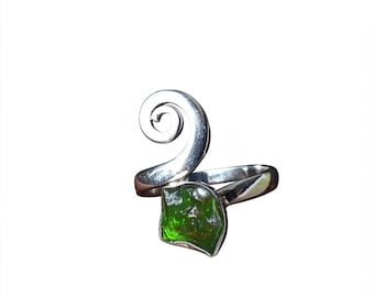 Moldavite Rough Ring, Natural Gemstone Ring,  925 Sterling Silver, Handmade Designer Jewelry, Gift, Stylish ring, Gift for her, Green stone