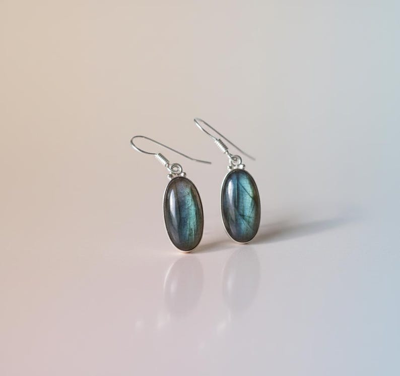 May include: A pair of drop earrings featuring oval-shaped labradorite gemstones with a blue and grey iridescent sheen. The stones are set in silver-toned metal settings and attached to simple silver-toned ear wires for a clean, polished look.