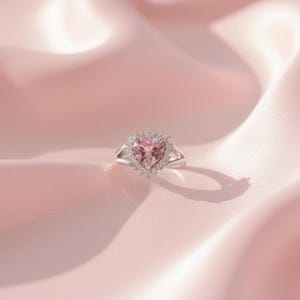 Pink Heart Zircon Ring, Adjustable Sterling Silver Plated Promise Ring image 6