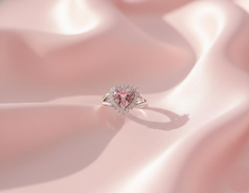 Pink Heart Zircon Ring, Adjustable Sterling Silver Plated Promise Ring image 6