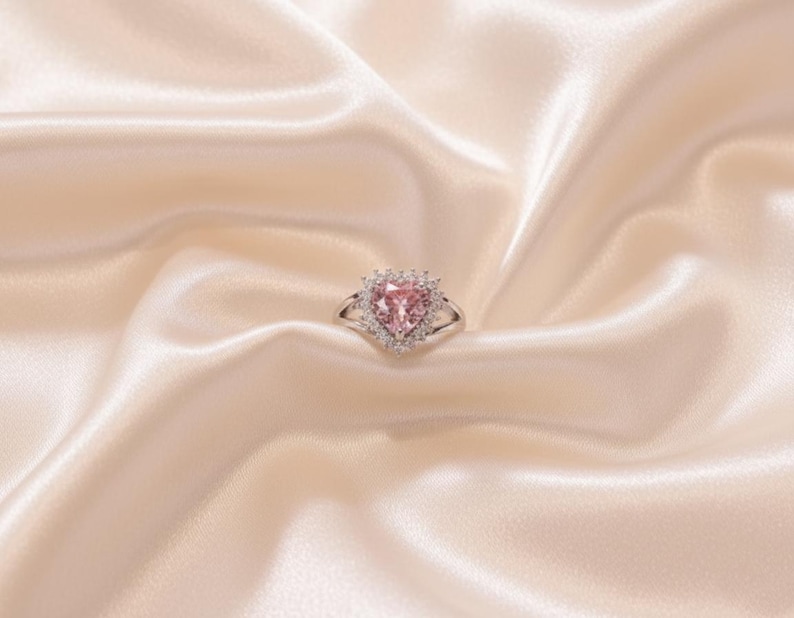 Pink Heart Zircon Ring, Adjustable Sterling Silver Plated Promise Ring image 2