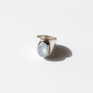 Unieke Maansteen Ring Zilver | Ovalen Cabochon Statement Ring | Brede Band Sterling Zilveren Dames Ring