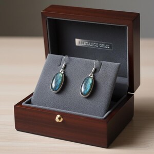 May include: A pair of oval-shaped labradorite drop earrings with silver hooks, displayed on a grey velvet insert inside a dark brown wooden jewelry box. The interior lid features a silver plaque with the text ELEGANCE GEMS in capital letters.