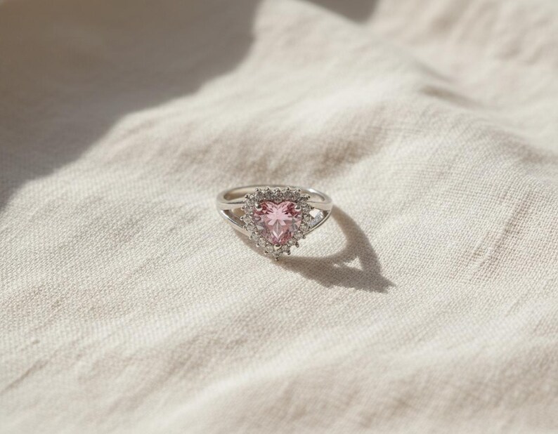Pink Heart Zircon Ring, Adjustable Sterling Silver Plated Promise Ring image 7