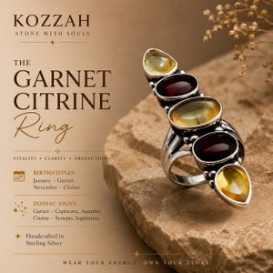 Op de afbeelding: Een ring van sterling zilver met vijf afwisselende ovale en peervormige edelstenen, waaronder dieprode granaten en doorschijnende gele citrienen. De tekst op de afbeelding luidt KOZZAH STONE WITH SOULS THE GARNET CITRINE Ring VITALITY CLARITY PROTECTION.