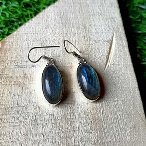 May include: A pair of drop earrings featuring oval-shaped labradorite gemstones set in silver-toned metal. Each earring has a curved hook wire for attachment, showcasing the dark blue and grey iridescent sheen of the polished stone surfaces.