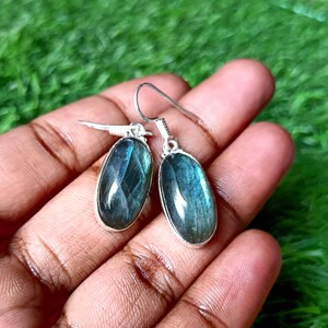 May include: A pair of drop earrings featuring oval-shaped labradorite gemstones with blue and grey iridescent flashes. Each stone is set in a smooth silver-toned metal bezel and attached to a simple silver-toned metal hook for ear attachment.