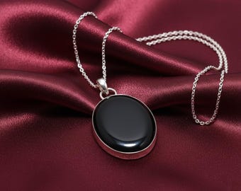Black Onyx Pendant in Sterling Silver | Handmade Natural Gemstone Necklace | Oval Onyx Jewelry | Protective Healing Pendant | Gift for Her