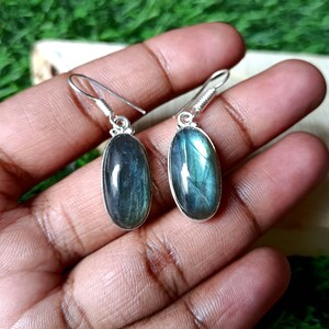 May include: A pair of dangle earrings featuring oval-shaped labradorite gemstones set in polished silver-toned metal. Each stone displays a dark blue and grey iridescent sheen, suspended from simple silver-toned metal ear wires for pierced ears.