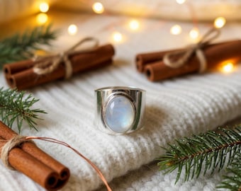 Dainty Rainbow Moonstone Ring, 925 Sterling Silver Handmade Jewelry, Gemstone Stacking Band for Women, Boho Birthstone Gift