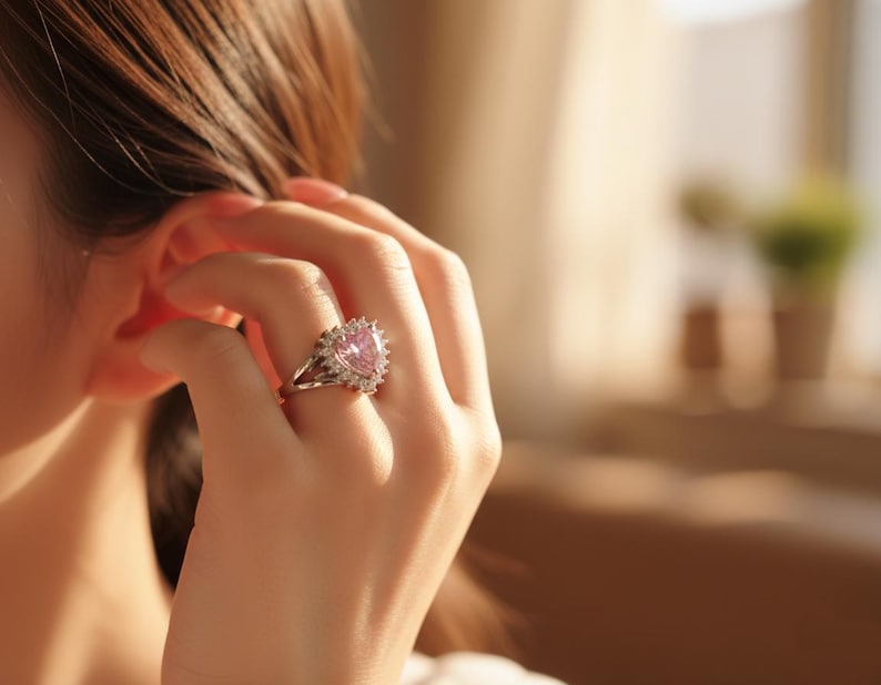 Pink Heart Zircon Ring, Adjustable Sterling Silver Plated Promise Ring image 10