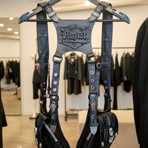 Könnte beinhalten: Schwarzer Ledergurt mit dem Wort "AMOR" auf der Brustplatte. Der Gurt verfügt über verstellbare Riemen, Metallbeschläge und zwei angebrachte Beutel mit Totenkopfverzierungen. Der Gurt wird an einem schwarzen Kleiderbügel mit dem Logo "WUNGS CREATION" präsentiert.