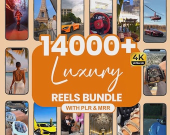 May include: A promotional image showcasing a "Luxury Reels Bundle" with the text "14000+ Videos" and "Instant Download." The image features various luxury lifestyle elements, including cars, watches, and travel destinations. The words "Bonus Inside" and "4K Ultra HD" are also visible.