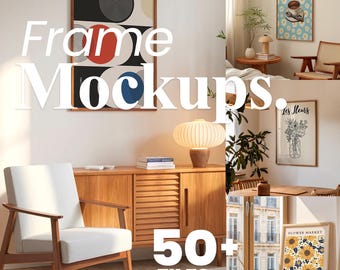 Puede incluir: Una colección de maquetas de arte enmarcadas en un interior moderno y luminoso. La imagen presenta varias impresiones enmarcadas con diseños geométricos y florales, junto con muebles y elementos decorativos. El texto en la imagen dice "Frame Mockups" y "50+ FILES".
