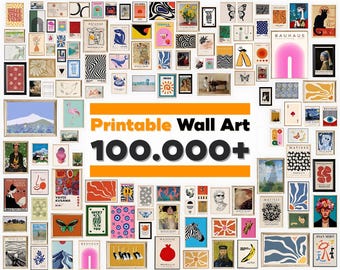 May include: A display of framed art prints in diverse styles and sizes, including abstract, floral, and portraiture. The image features the text "Printable Wall Art 100.000+" in orange and black.