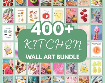 May include: A collection of over 400 kitchen-themed wall art prints. The prints feature colorful illustrations of food, drinks, and kitchen-related items. The text "400+ KITCHEN WALL ART BUNDLE" is displayed in the center.