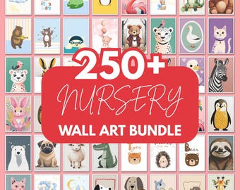 May include: A collection of nursery wall art prints featuring various animals and whimsical designs. The prints include bears, a flamingo, a zebra, and more. The text on the image reads "250+ Nursery Wall Art Bundle."