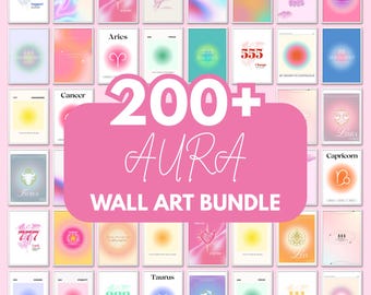 May include: A collection of over 200 aura-themed wall art prints. The prints feature colorful, gradient backgrounds with various symbols, numbers, and zodiac signs. The text "200+ AURA WALL ART BUNDLE" is prominently displayed in pink.