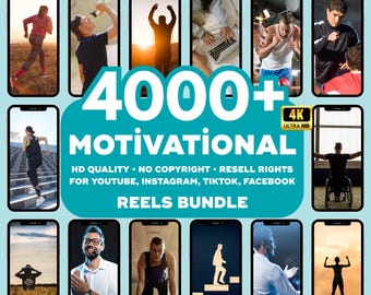 May include: A promotional image showcasing a 'Motivational Reels Bundle' with the text '4000+ Videos'. The image features multiple smartphone screens displaying various fitness and lifestyle scenes. Text includes 'HD Quality', 'No Copyright', and 'Resell Rights'.