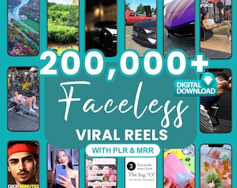 May include: A promotional graphic with the text "200,000+ Faceless Viral Reels" and other text. The graphic includes images of smartphones displaying various content, including cars, landscapes, and fitness activities. The words "High Quality" and "Instant Download" are also visible.