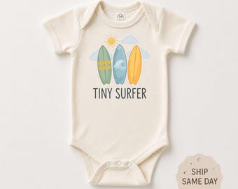 Tiny Surfer Baby Bodysuit, Coastal Beach Baby Outfit, Retro Surfboard Infant Romper, Summer Beachy Newborn Gift for Surf