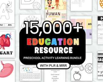 May include: A collection of preschool educational resources, including workbooks and activity pages. The image features the text "15,000+ EDUCATION RESOURCE" in colorful letters, along with the words "PRESCHOOL ACTIVITY LEARNING BUNDLE". Additional text includes "BONUS INSIDE" and "INSTANT DOWNLOAD".