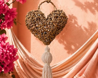 Handmade Wicker Heart Decor Boho Wall Hanging Natural Gift