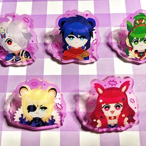 May include: Five clear acrylic pins featuring stylized chibi characters with distinct hair colors including white, blue, green, blonde, and red. Each pin has a translucent pink border with small eye and star icons printed on the edges of the acrylic.