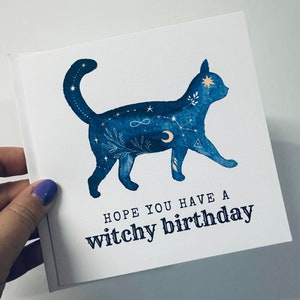 Carte d'anniversaire Lune de cristal et constellation spirituelle Witchy Cat