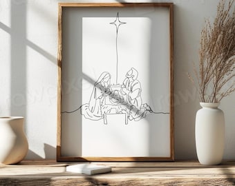 Minimalist Nativity Scene Line Art Print, Christmas Christian Decor (Digital Download)