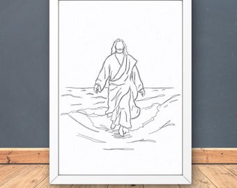Jesus Walking on Water Line Art, Christian Gift (Digital Print)