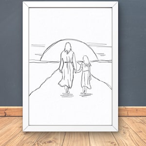 Jesus line art, Jesus walking with daughter, Christian wall art, Jesus Minimalist, Baptism Gift, Christian Gift, Digital Print