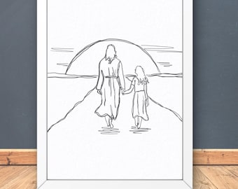 Jesus Walking With Daughter Line Art Print, Minimalist Christian Gift (Digital Print)