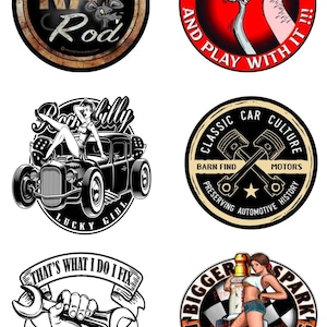 Set of 6 Rat Rod Stickers – 3&quot; Vintage Car Culture Toolbox Decals – Hot Rod Vinyl Stickers Pack
