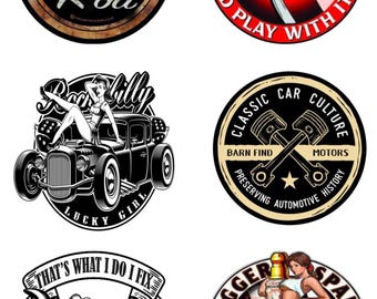 Set of 6 Rat Rod Stickers – 3" Vintage Car Culture Toolbox Decals – Hot Rod Vinyl Stickers Pack