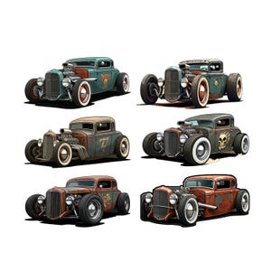 Set of 6 Rat Rod PNG T-Shirt Designs | Vintage Car & Muscle Car Art | Urban Car Culture | Sublimation, DTG, DTF Digital Files