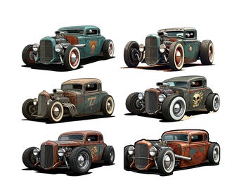 Set of 6 Rat Rod PNG T-Shirt Designs | Vintage Car & Muscle Car Art | Urban Car Culture | Sublimation, DTG, DTF Digital Files