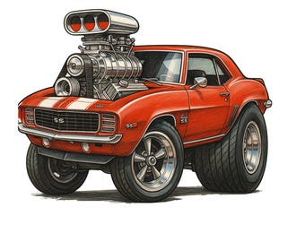 Set of 3 Funny Muscle Car Caricature PNGs – Hot Rod Camaro Clipart – Classic Car Digital Download for Sublimation, T-Shirts, Tumblers