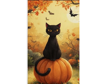 Black Cat on Pumpkin Hand Towel | Halloween Autumn Bats