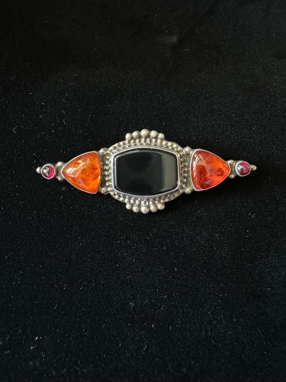 Sterling Silver Onyx and Amber Brooch By Geneva G.