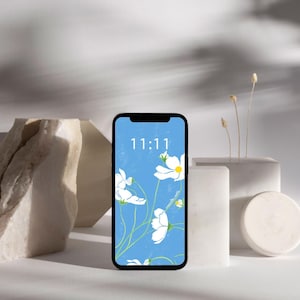 白い花の壁紙 - iPhoneの美しい背景 - デジタルダウンロード - 青空の花 - ミニマルな自然アート