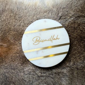 Bismillah Coasters – Islamic Gift – Marble Coasters – Islamic Coasters – Islamic Decor & Gift Idea – Gold Engraved Marble Coasters