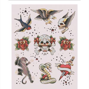 May include: Cross stitch chart featuring traditional tattoo flash art. Designs include an eagle, swallow, skull, roses, panther, snake, and a heart with a dagger. The design size is 233 x 300 stitches.