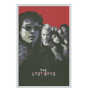 May include: Cross stitch pattern of the movie poster for The Lost Boys. The poster features a group of young men, including a vampire with a red background. The text "THE LOST BOYS" is in red and white.
