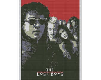 May include: Cross stitch pattern of the movie poster for The Lost Boys. The poster features a group of young men, including a vampire with a red background. The text "THE LOST BOYS" is in red and white.