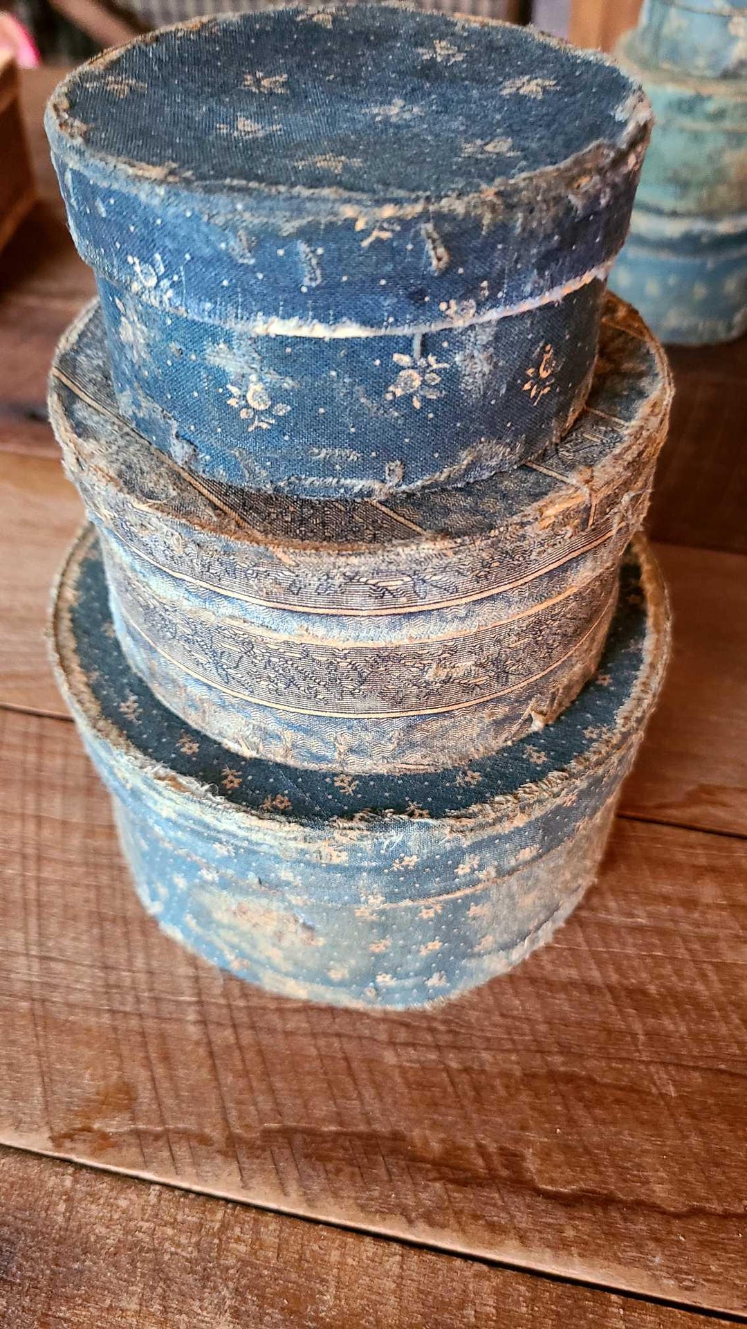 Old Box Colth Primitive Set of 3 Round Boxes, Cloth Covered Blue Calico. Early and ...