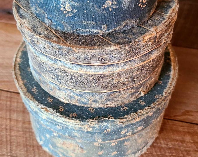 Old Box Colth Primitive Set of 3 Round Boxes, Cloth Covered Blue Calico. Early and ...