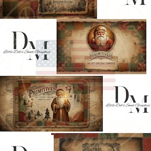 Peut inclure: Plusieurs graphiques de Noël de style vintage avec des illustrations du Père Noël et des fonds en patchwork. Les motifs incluent du texte tel que "Old-Time Primitive Farmhouse Christmas" et "Homespun Holidays."