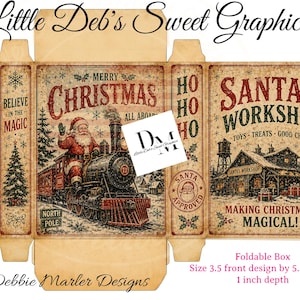 Op de afbeelding: Een printbaar vouwdoos-sjabloon met vintage kerstafbeeldingen. Het ontwerp bevat de Kerstman op een stoomtrein, een werkplaats met het opschrift Santa's Workshop, en tekst zoals Merry Christmas, Ho Ho Ho en Santa Approved. Afmetingen: 8,89 cm bij 13,97 cm bij 2,54 cm.