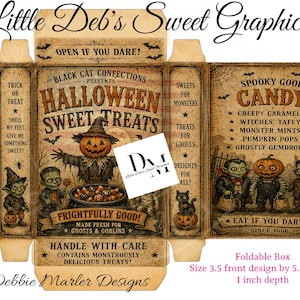 May include: A foldable box template featuring Halloween graphics with a scarecrow, monsters, and text including "Halloween Sweet Treats" and "Spooky Good Candy." The design includes dimensions of 3.5 inches wide by 5.5 inches tall by 1 inch deep.